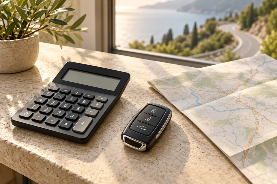 AI-generated illustration of a calculator, car key and route map