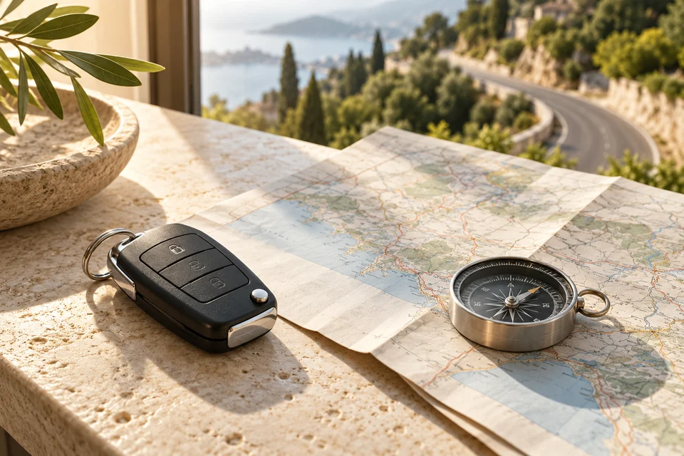 AI-generated illustration of a car key, compass and route map