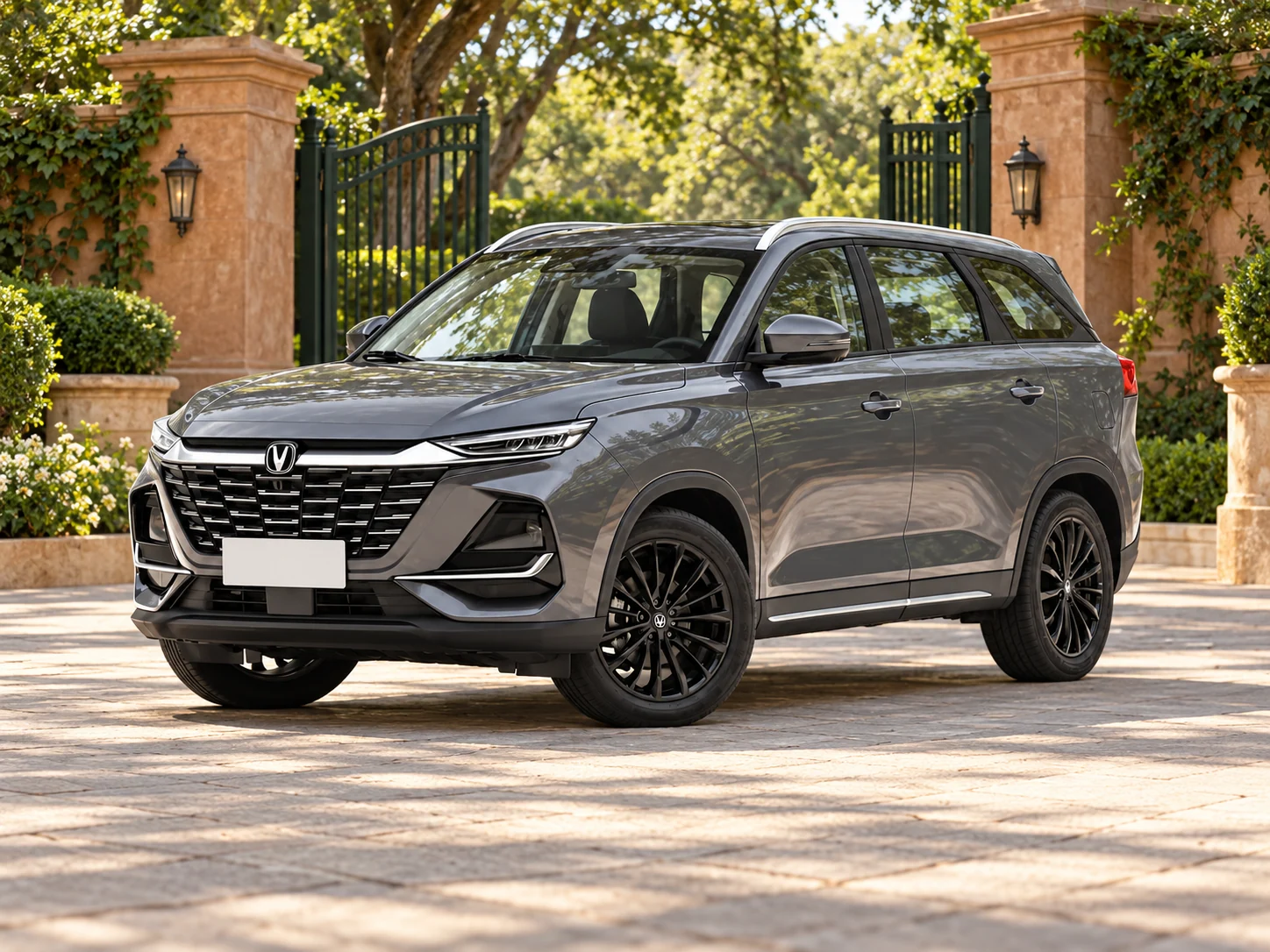 Changan CS75 facing left at a park entrance; AI-edited setting