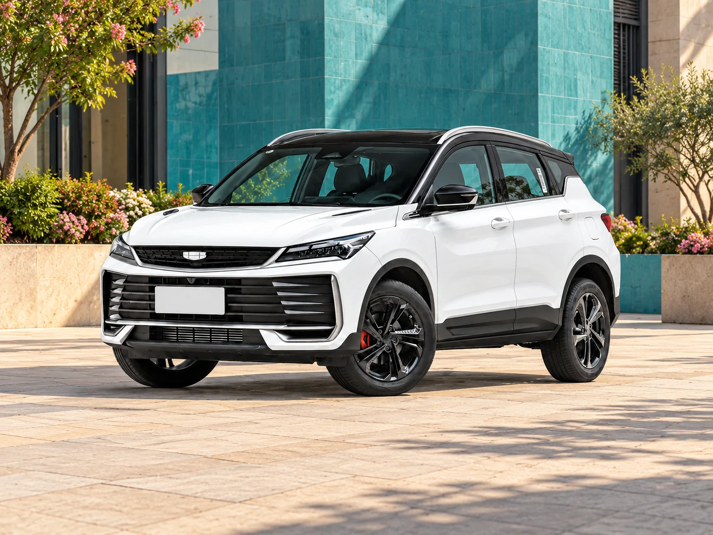 Geely Binyue facing left in an urban square; AI-edited setting