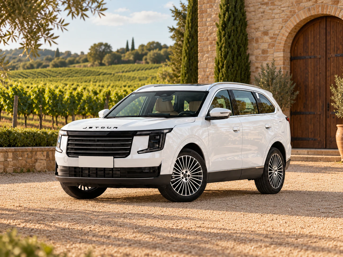 Jetour X70L facing left outside a winery; AI-edited setting