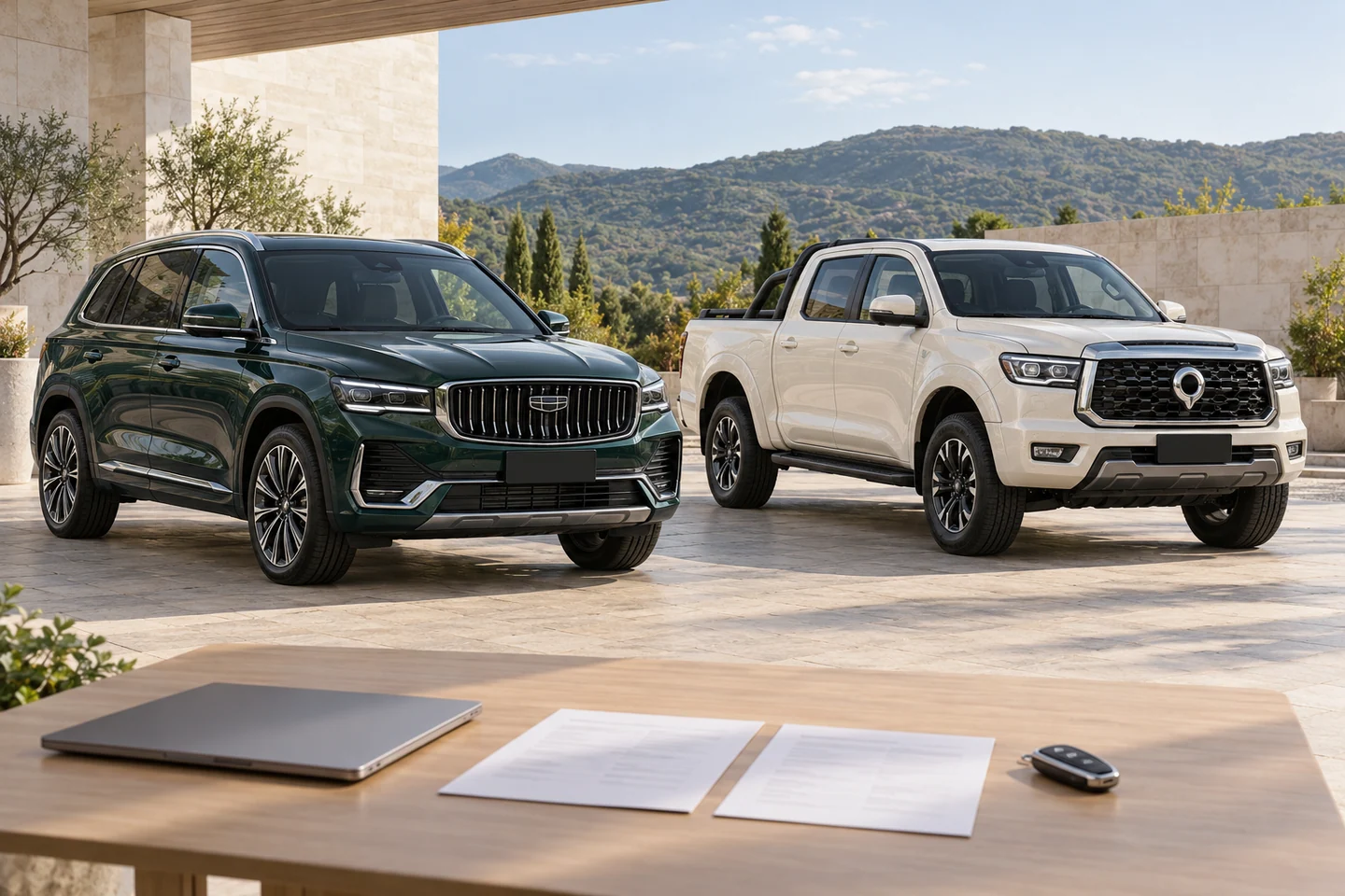 AI-generated illustration of a green Geely Monjaro SUV and white GWM Poer pickup beside a purchase-planning desk; not a vehicle offer or company inventory