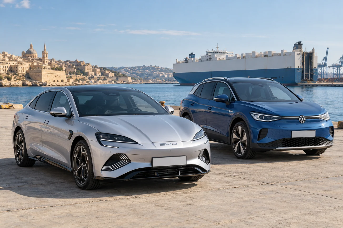 AI-generated illustration of a silver BYD Seal sedan and a blue Volkswagen ID.4 SUV at a coastal vehicle terminal; not a shipment record