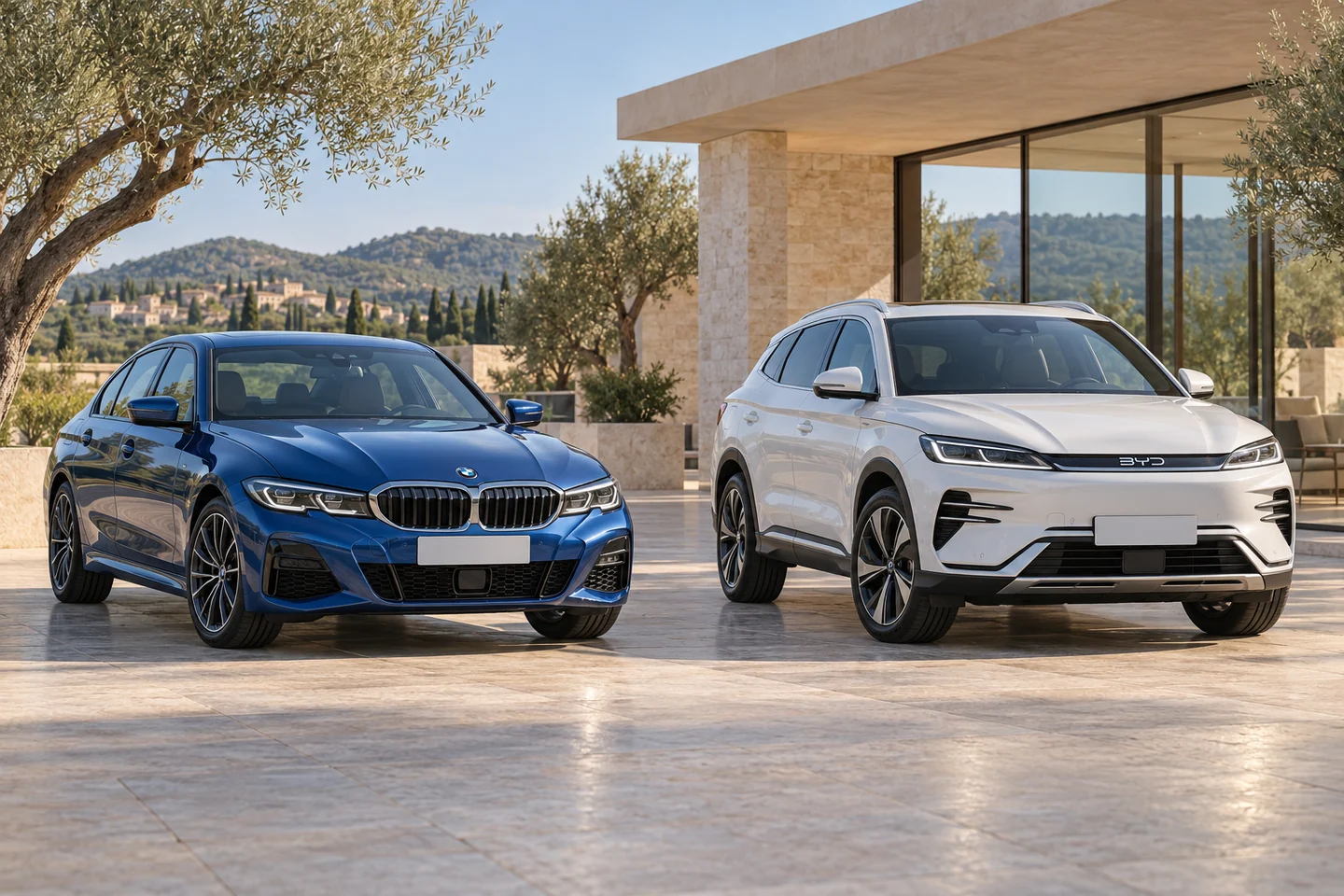 AI-generated illustration of a blue BMW 3 Series sedan and a white BYD Song Plus SUV in a sunlit stone pavilion; not company premises or inventory