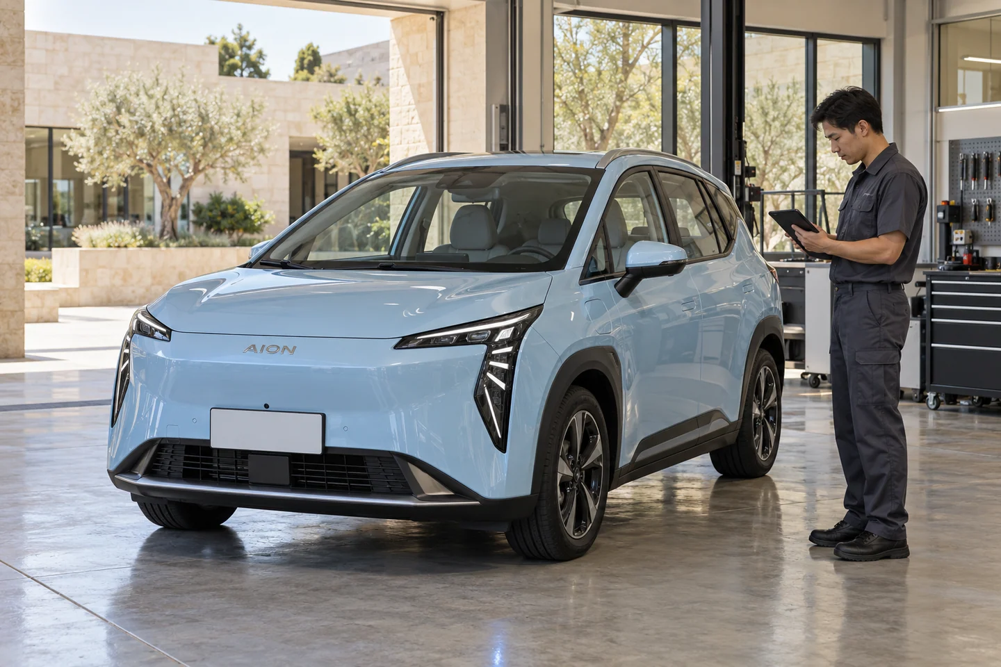 AI-generated illustration of a technician reviewing a tablet beside a pale-blue AION Y electric crossover; not a workshop record or diagnosis