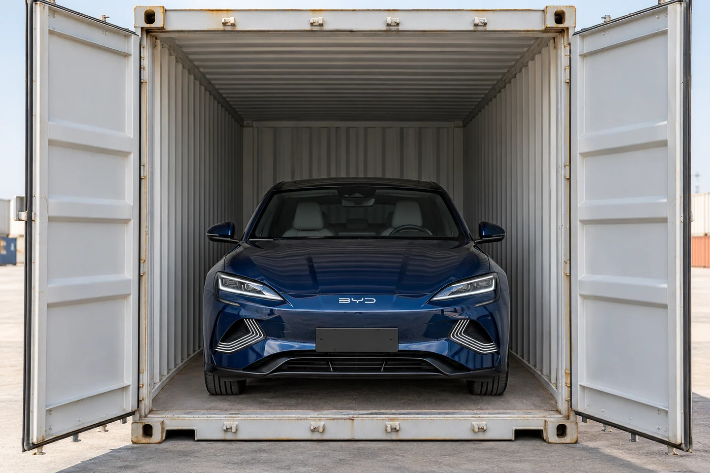 AI-generated illustration of a blue BYD Seal sedan inside an open container; not a loading instruction or shipment record