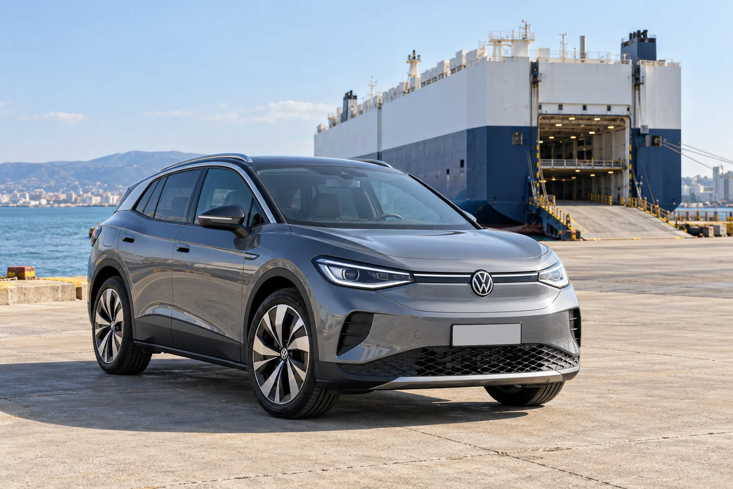 AI-generated illustration of a grey Volkswagen ID.4 SUV at a roll-on/roll-off terminal; not a shipment record