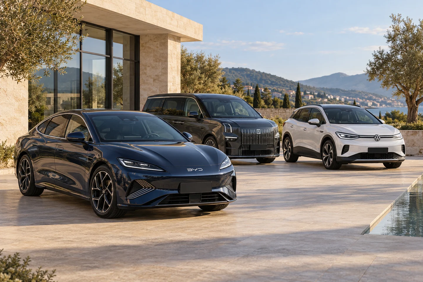 AI-generated illustration of a navy BYD Seal sedan, white Volkswagen ID.4 SUV and graphite Zeekr 009 van on a sunlit terrace; not company premises or inventory