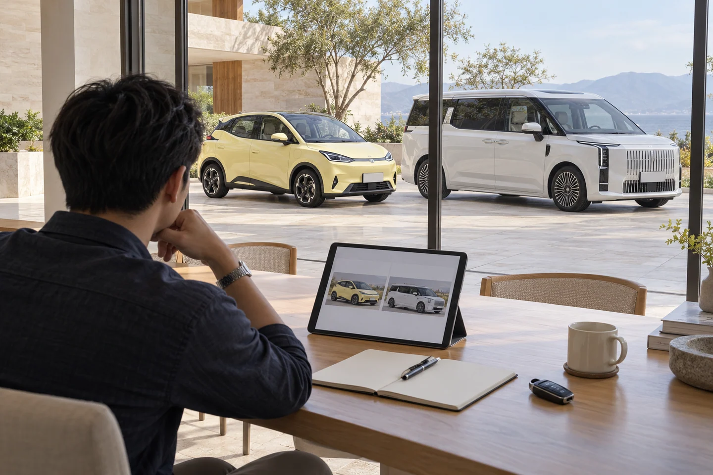 AI-generated illustration of a buyer comparing a yellow BYD Dolphin hatchback and a white Zeekr 009 van; not company inventory or an exact configuration
