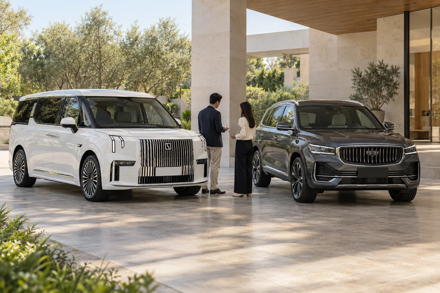 AI-generated illustration of an adviser and buyer comparing a white Zeekr 009 van and a grey Geely Monjaro SUV in a sunlit pavilion; not company premises or inventory