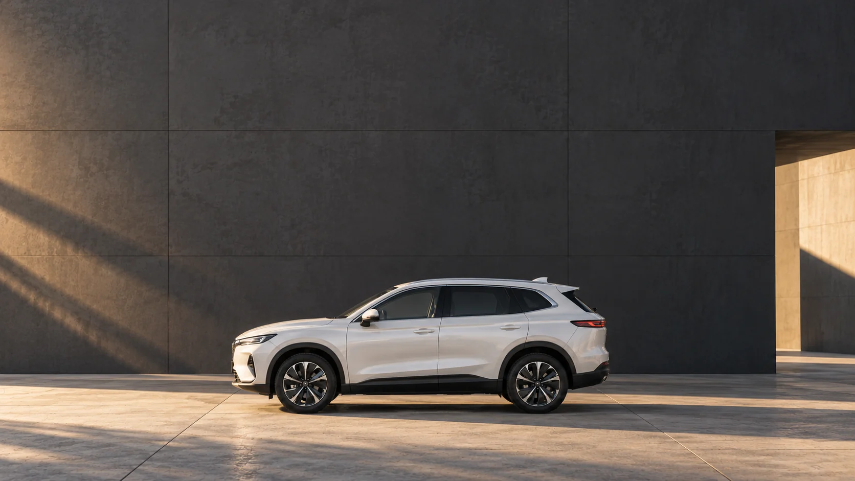 White crossover in side profile beside minimalist architecture; AI-generated concept