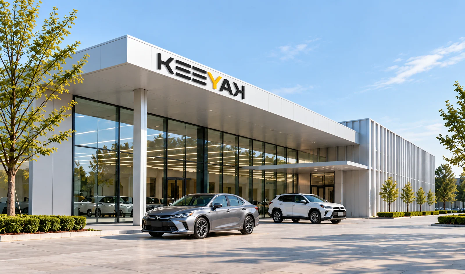 AI-generated architectural concept of a vehicle preparation hall with a KEEYAK sign, a silver sedan and a white SUV