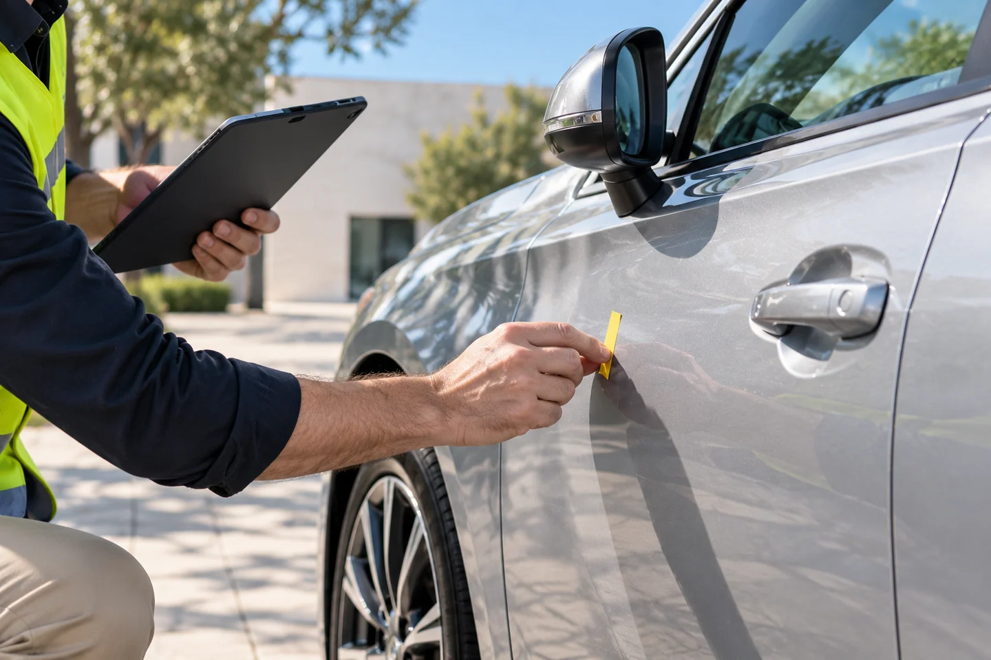 AI-generated illustration of an inspector and supplier representative examining a marked car-body area before acceptance