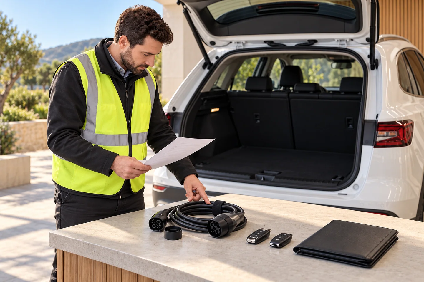 AI-generated illustration of a receiver checking car keys, a charging cable and documents against a supplied-item list