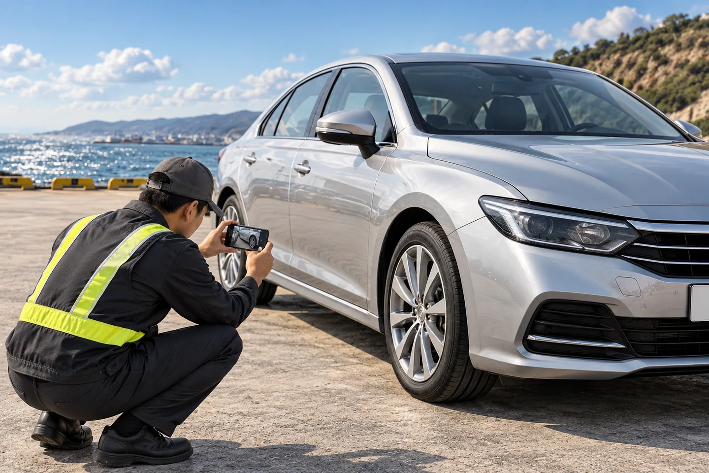 AI-generated illustration of a worker photographing a passenger car wheel and body panel before transport