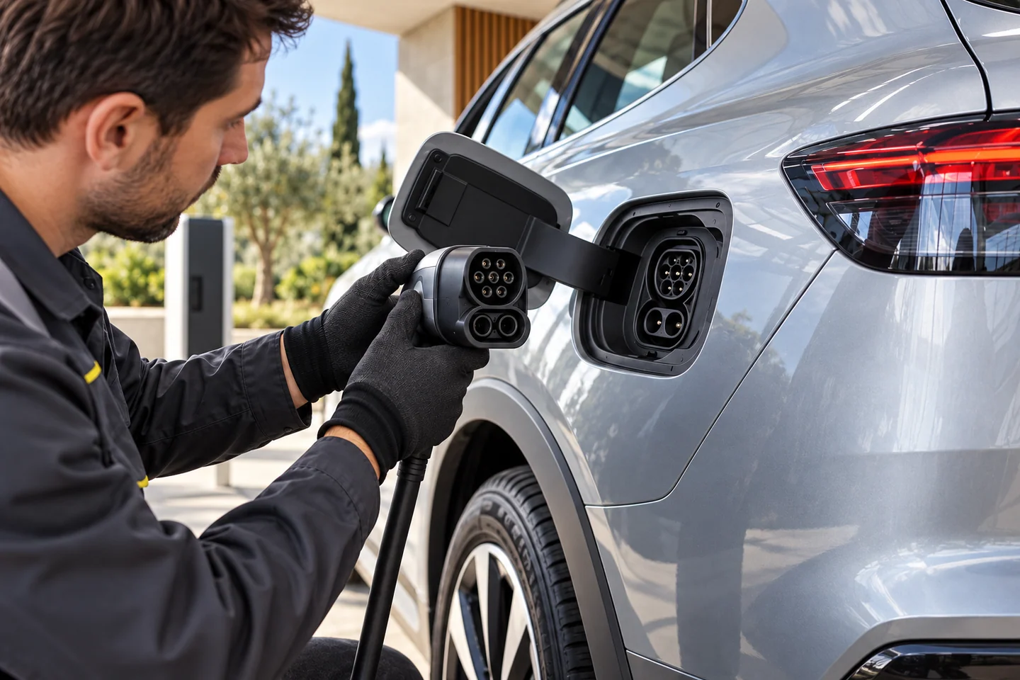 AI-generated illustration of a technician comparing charging connectors with an electric car socket