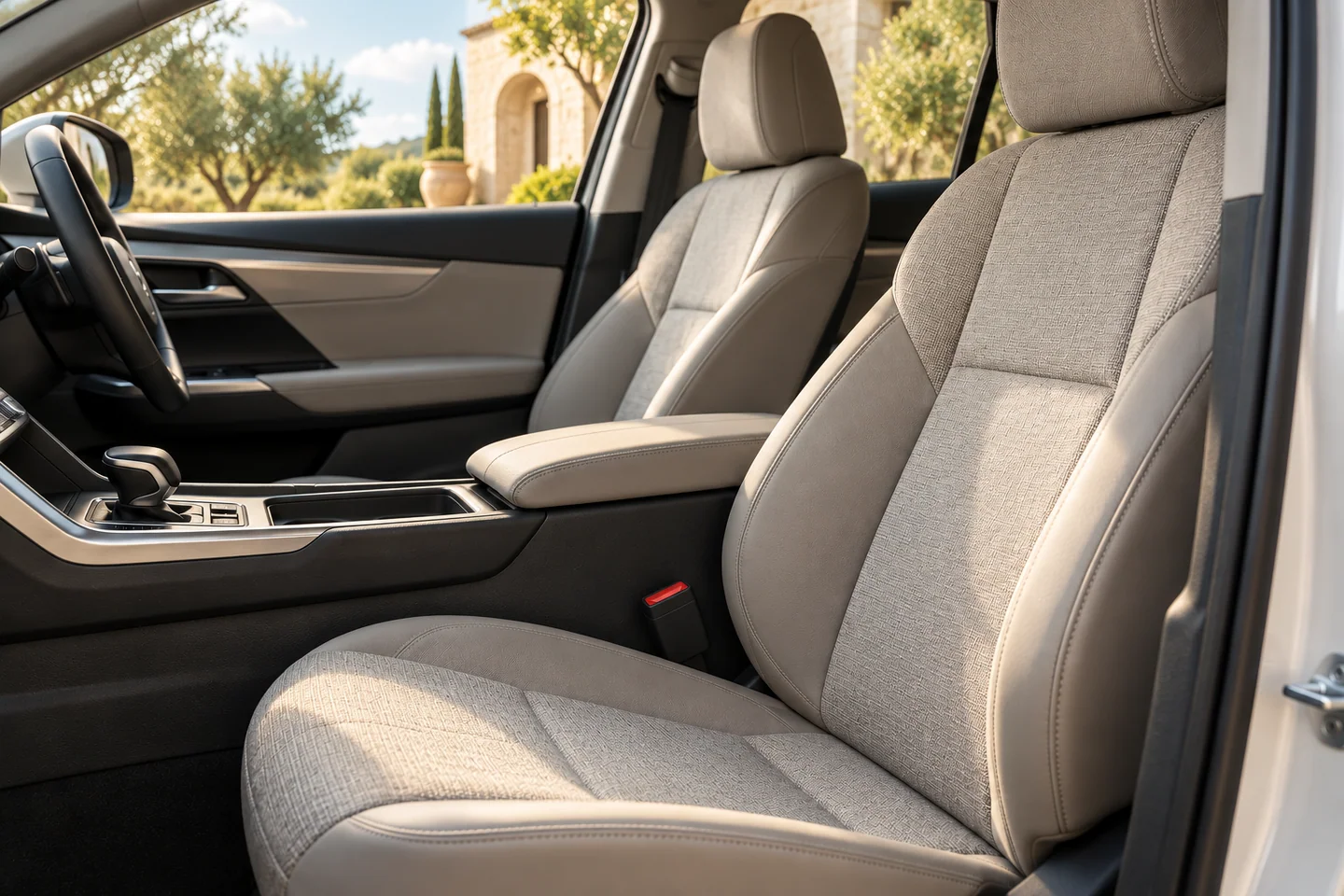 AI-generated sunlit passenger-car cabin with ivory upholstery; not an exact vehicle configuration