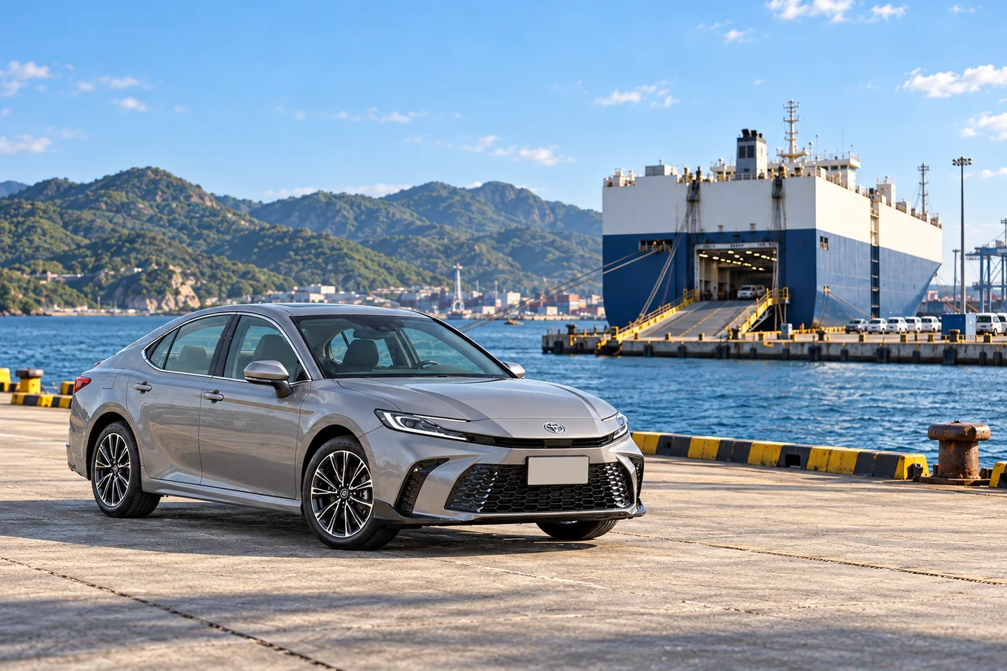 AI-generated Toyota Camry at a sunlit coastal vehicle terminal; not a company shipment