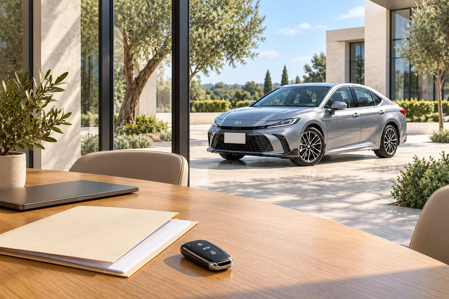 AI-generated purchasing still life with blank papers, a vehicle key and a Toyota Camry outside a sunlit pavilion; not transaction records