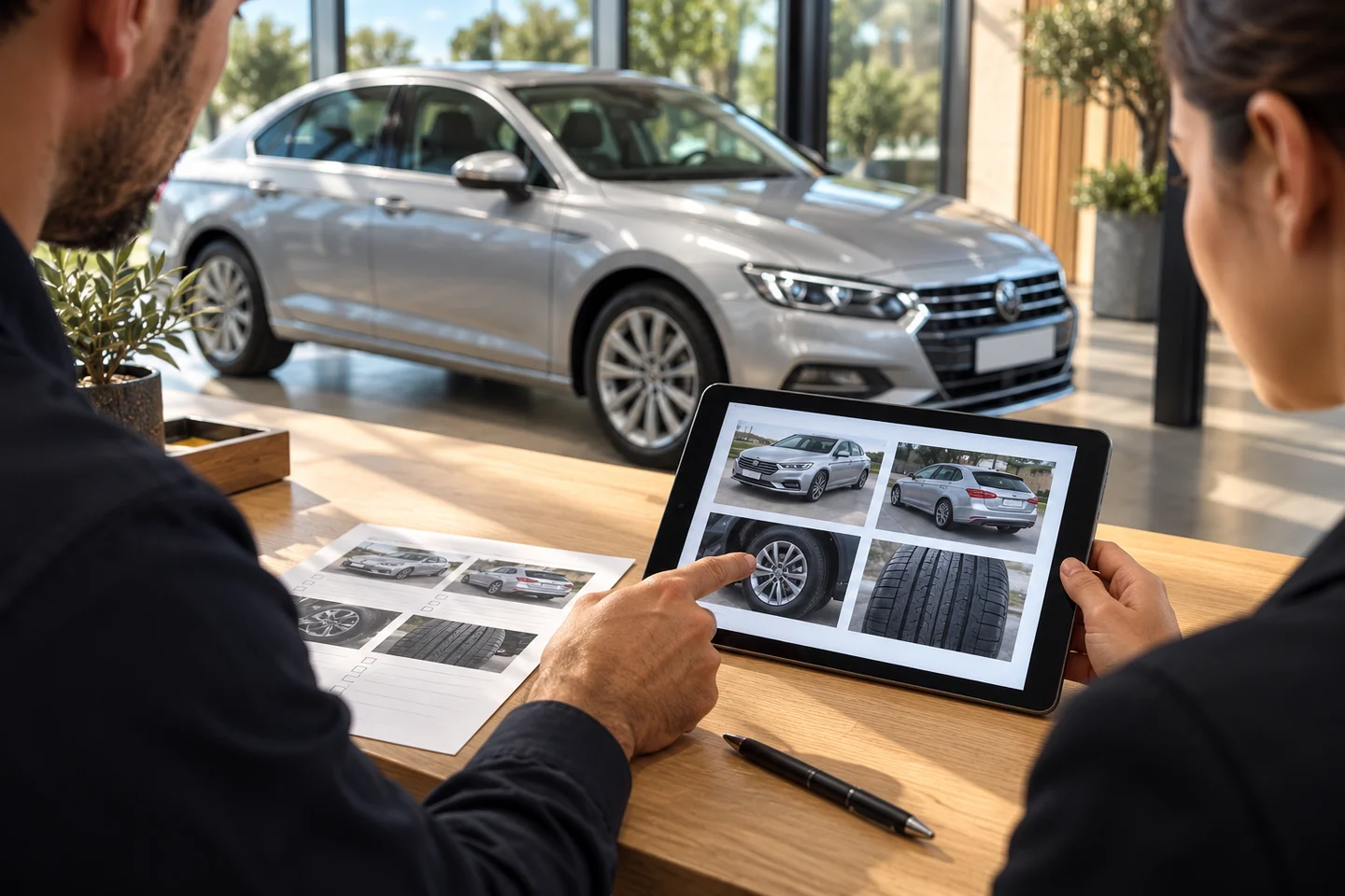 AI-generated illustration of colleagues reviewing inspection findings and supporting vehicle photographs