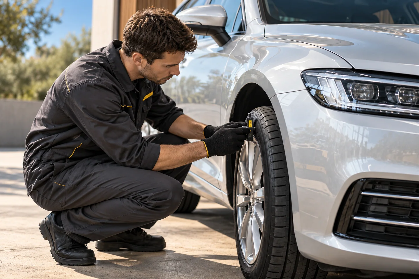 AI-generated illustration of an inspector measuring tyre tread depth on a parked passenger car