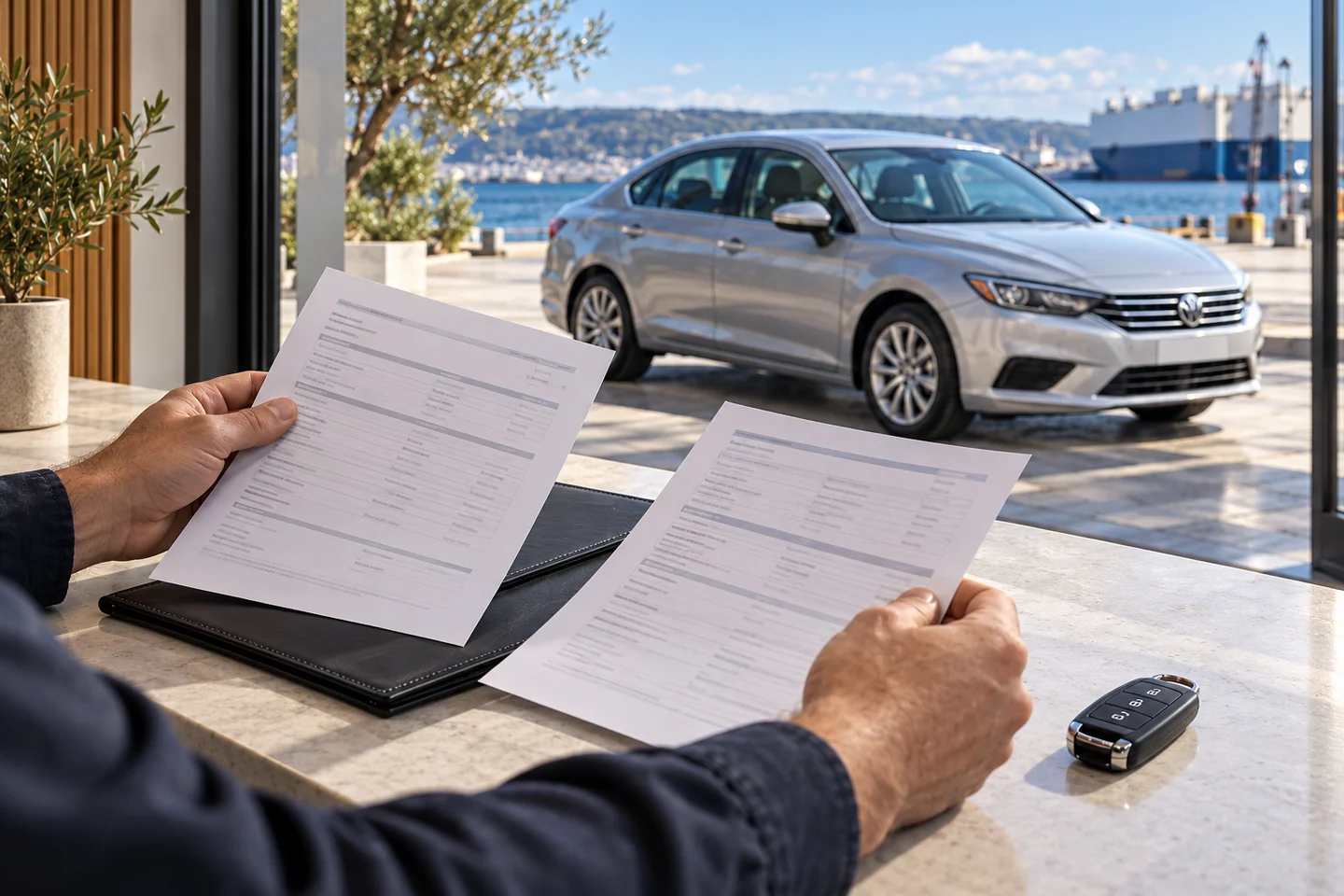 AI illustration of a coordinator comparing a vehicle identification sheet and transport documents beside a car key, with a sedan at the dispatch bay