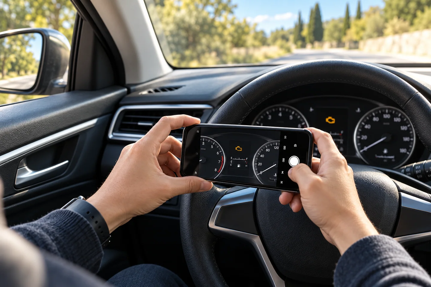 AI illustration of an owner photographing an amber dashboard warning light and mileage for an after-sales issue report