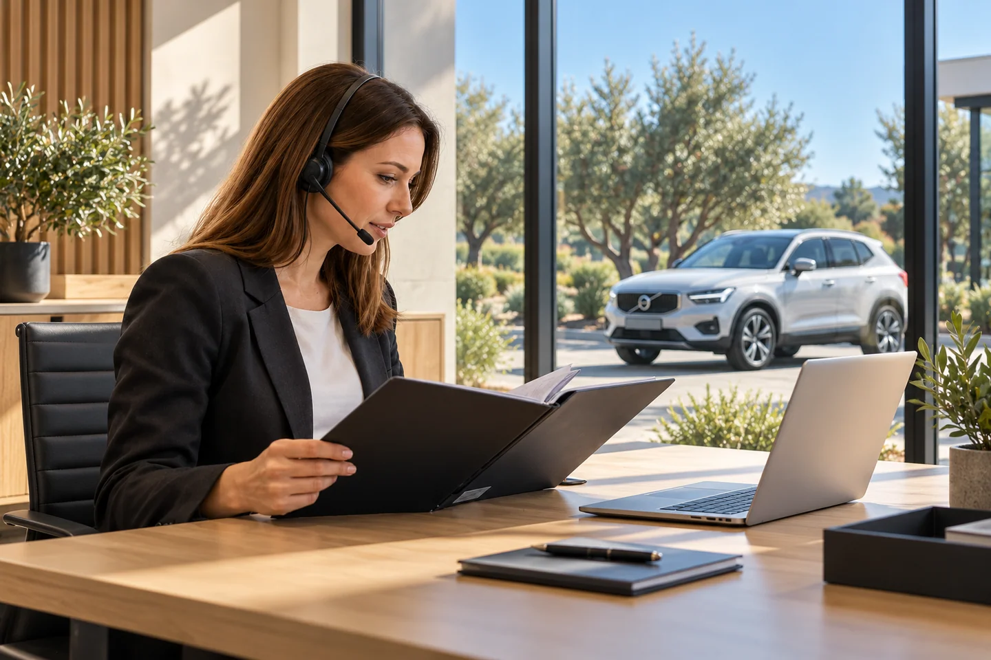 AI-generated illustration of an adviser reviewing a vehicle order folder during a support call