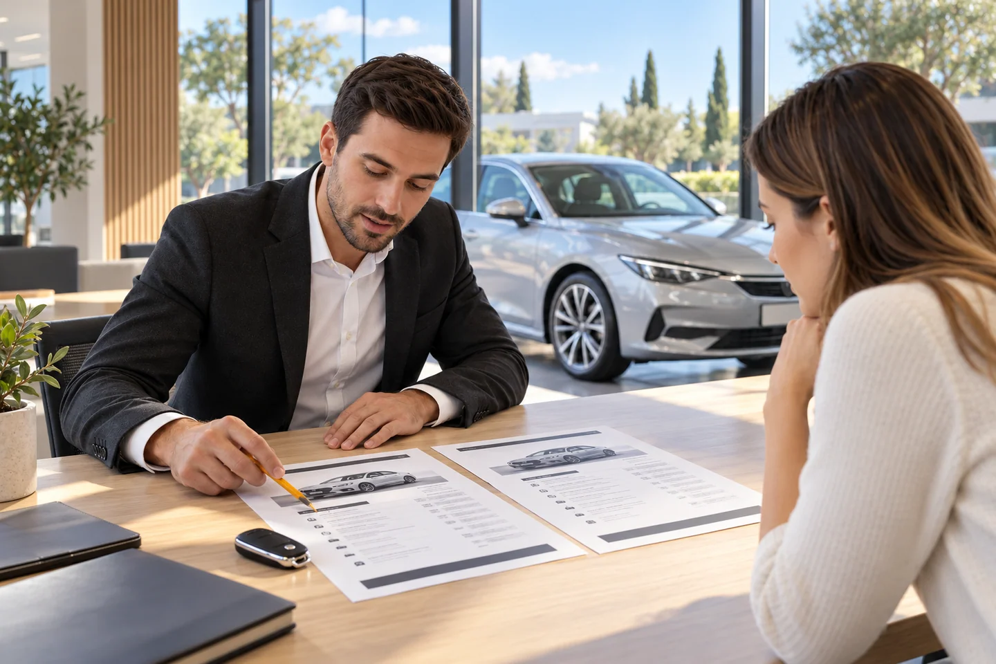 AI-generated illustration of an adviser comparing two itemised vehicle offers with a buyer