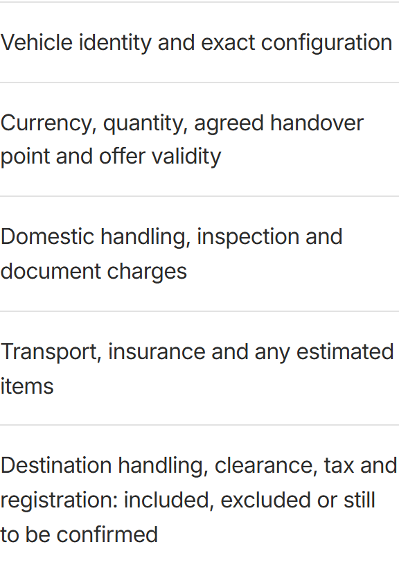 Website checklist: vehicle price, currency, Incoterm and named place, included services and validity