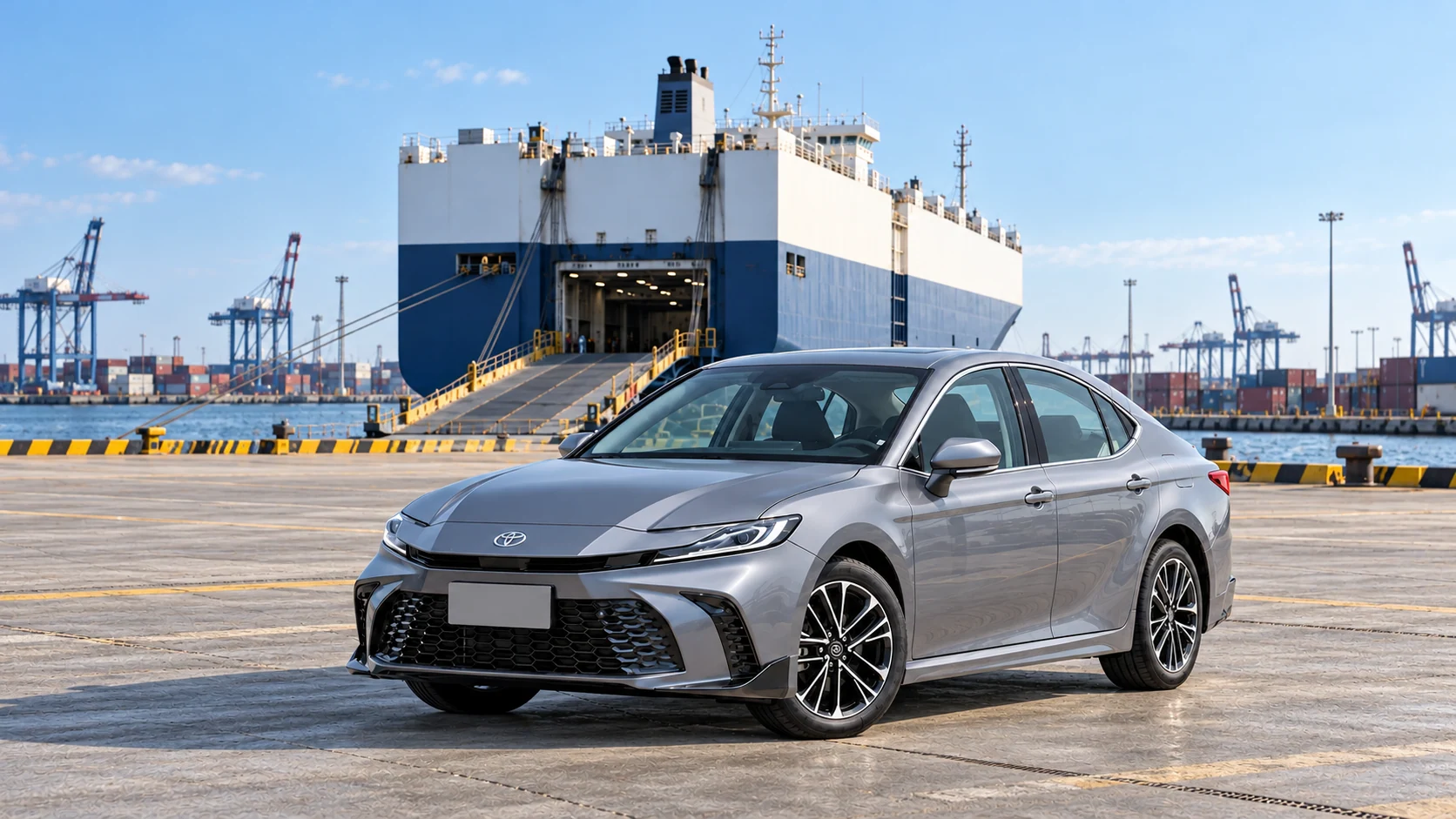 Illustrative Toyota Camry and a roll-on-roll-off vessel at a quiet seaport