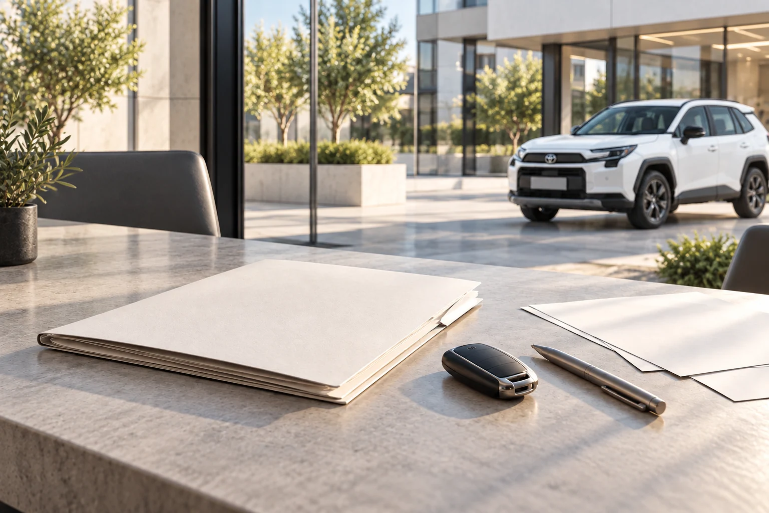AI-edited illustration of blank quotation papers, a key and Toyota RAV4 outside an urban meeting space; not transaction evidence