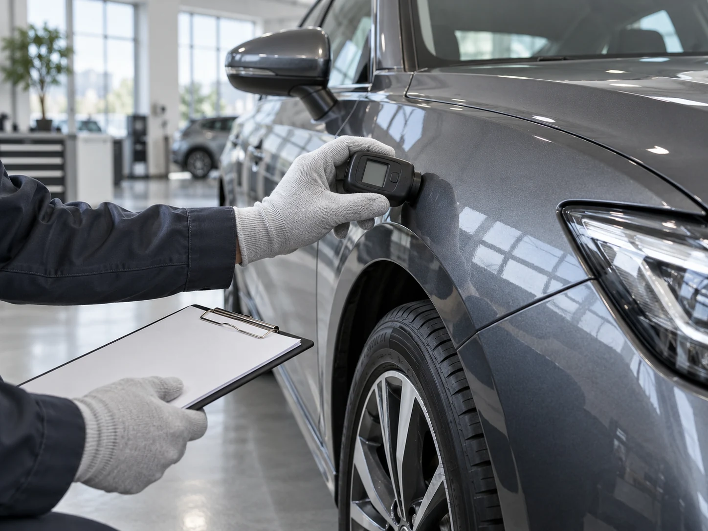 Illustrative paintwork check with a gloved hand and a blank-display thickness gauge