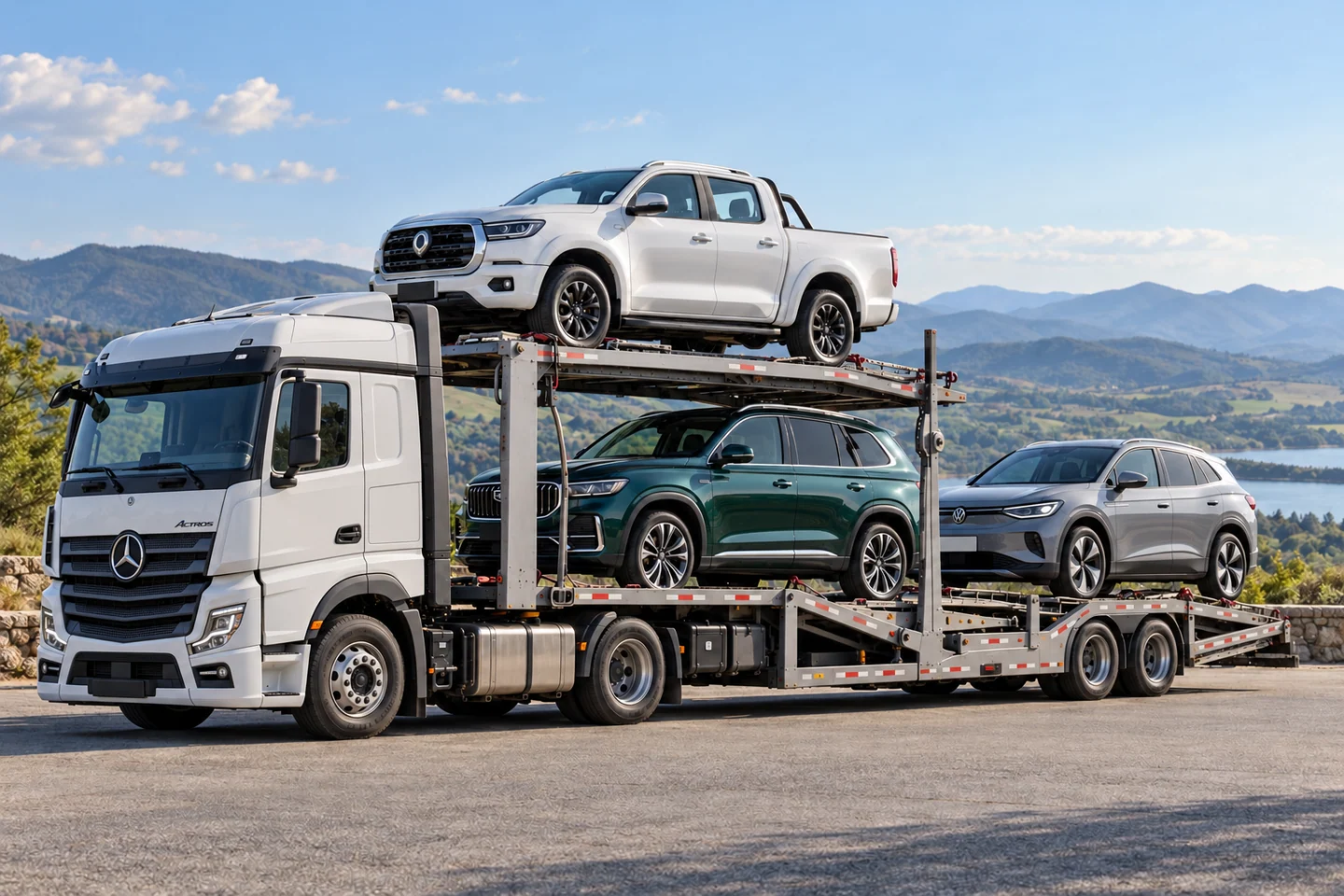 AI-generated illustration of a Mercedes-Benz Actros road transporter with its three-pointed-star grille emblem, carrying a GWM Poer pickup, Geely Monjaro SUV and Volkswagen ID.4 SUV; not evidence of a specific route or delivery